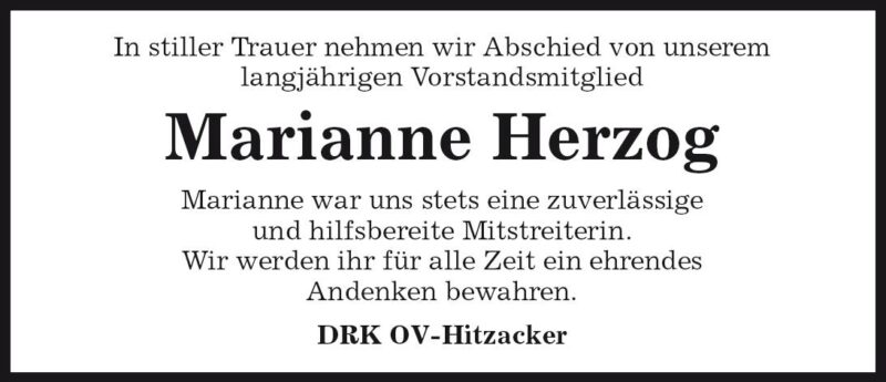 Das Trauerportal für Lüchow Dannenberg Todesanzeigen Marianne Herzog