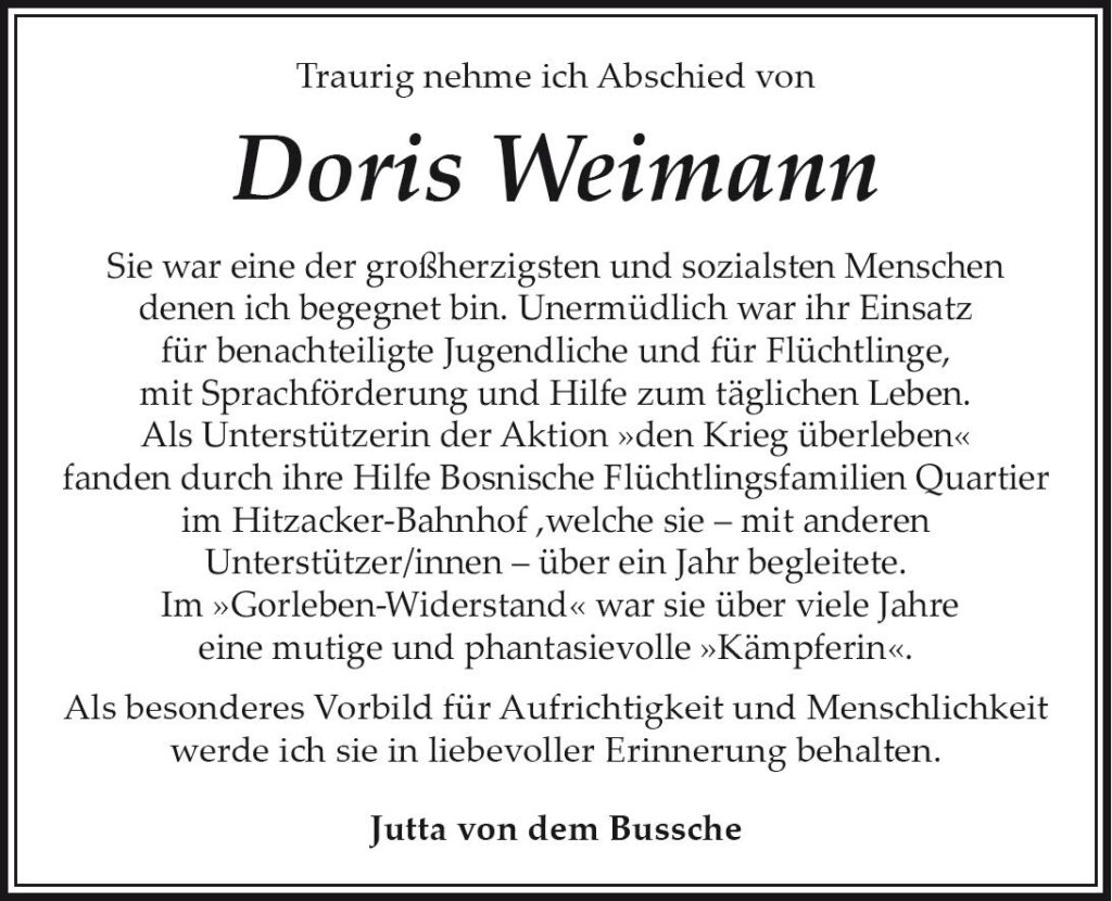 Das Trauerportal F R L Chow Dannenberg Todesanzeigen Doris Weimann