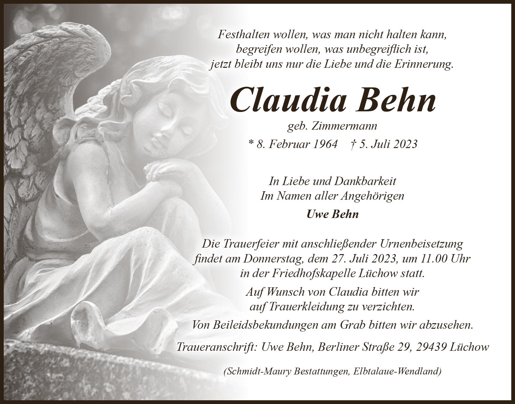 Das Trauerportal F R L Chow Dannenberg Todesanzeigen Claudia Behn