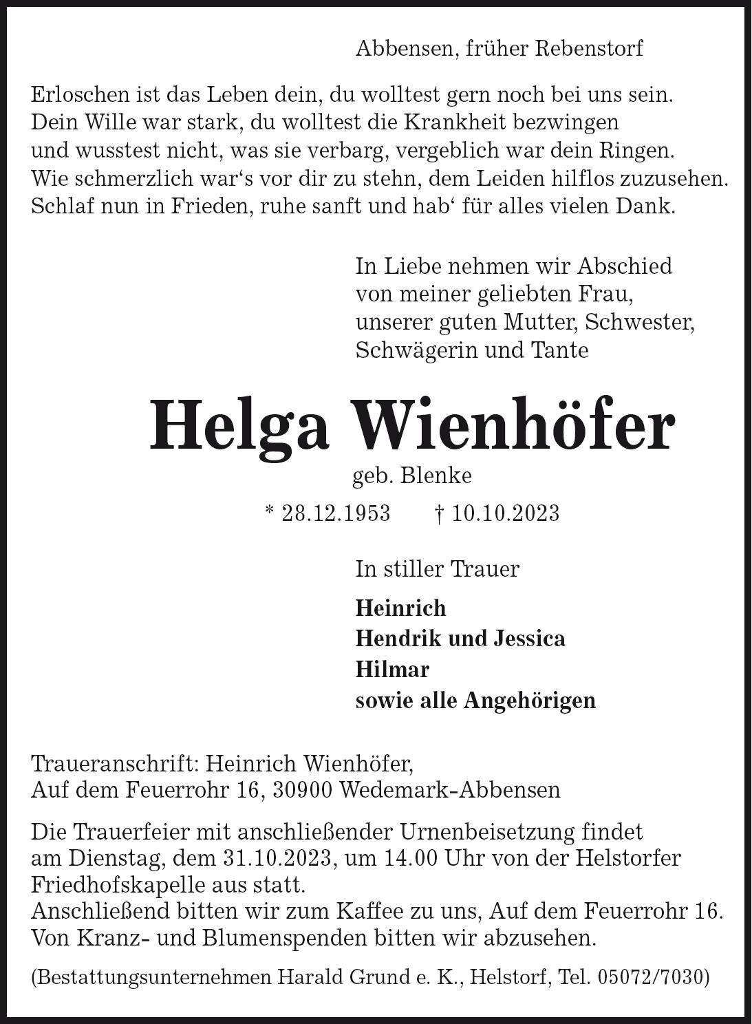 Das Trauerportal F R L Chow Dannenberg Todesanzeigen Helga Wienh Fer