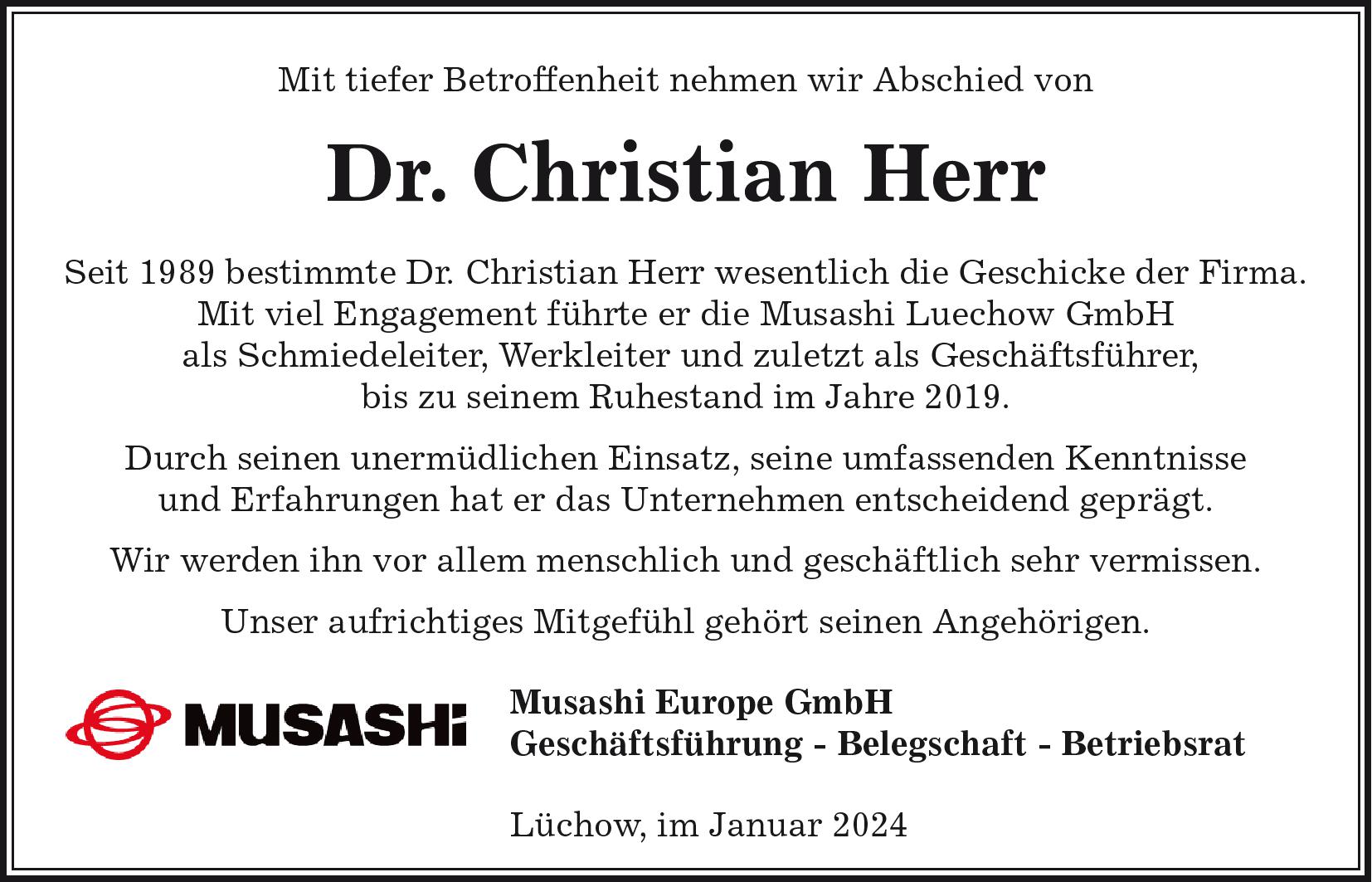 Das Trauerportal für Lüchow Dannenberg Todesanzeigen Dr Christian Herr