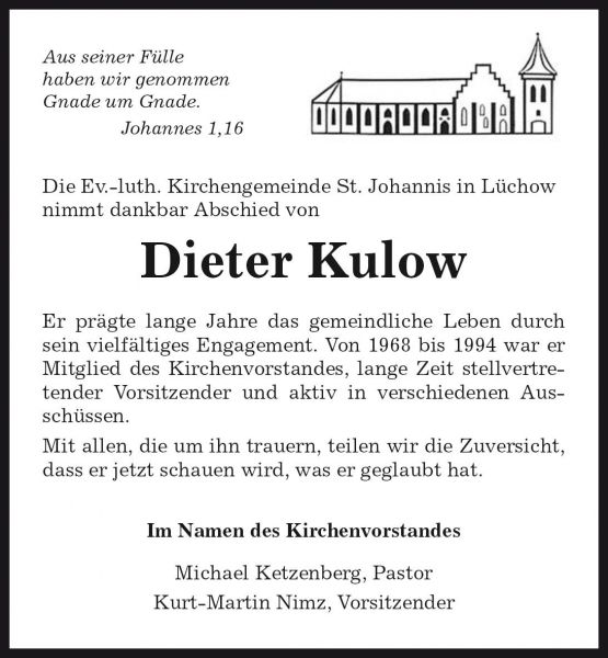 Das Trauerportal Für Lüchow-Dannenberg › Todesanzeigen › Dieter Kulow