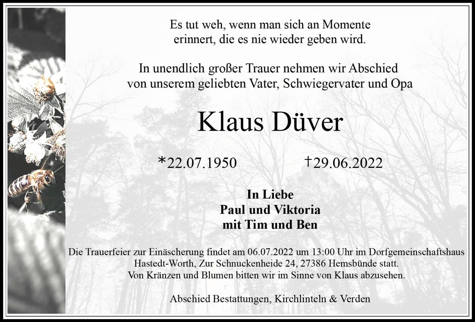 Das Trauerportal F R L Chow Dannenberg Todesanzeigen Klaus D Ver