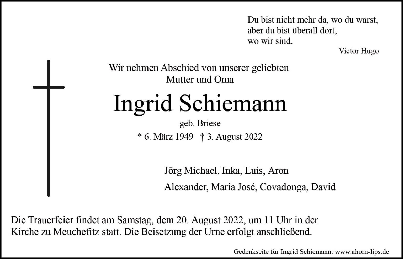 Das Trauerportal F R L Chow Dannenberg Todesanzeigen Ingrid Schiemann