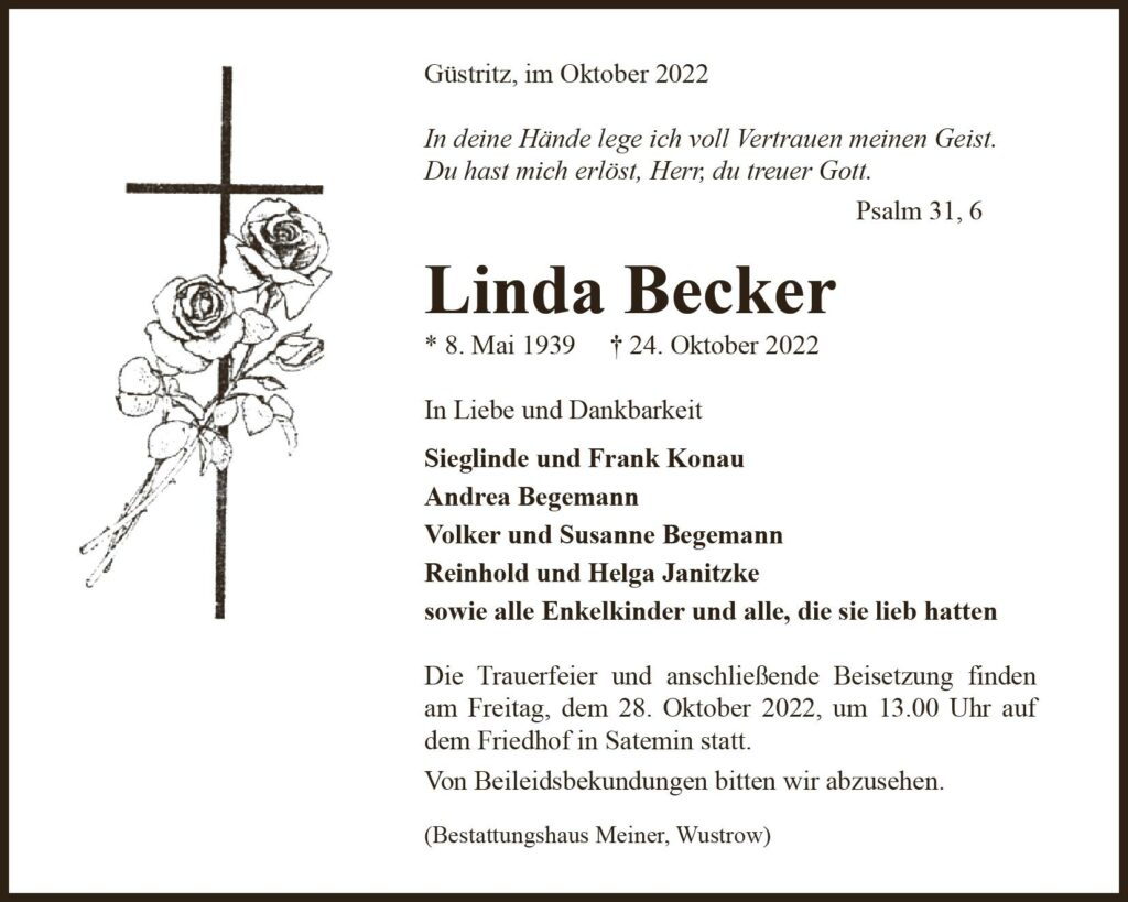 Das Trauerportal F R L Chow Dannenberg Todesanzeigen Linda Becker