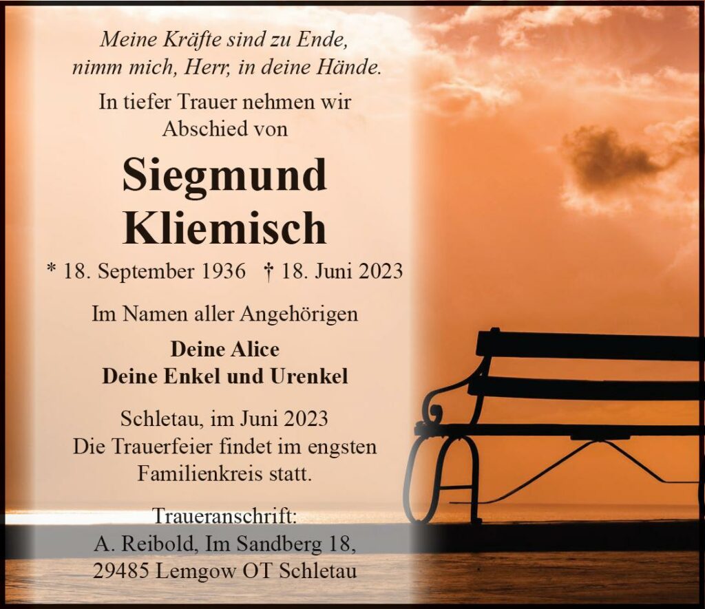 Das Trauerportal für Lüchow-Dannenberg › Todesanzeigen › Siegmund Kliemisch