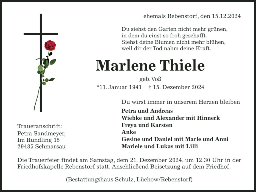 Das Trauerportal F R L Chow Dannenberg Todesanzeigen Marlene Thiele